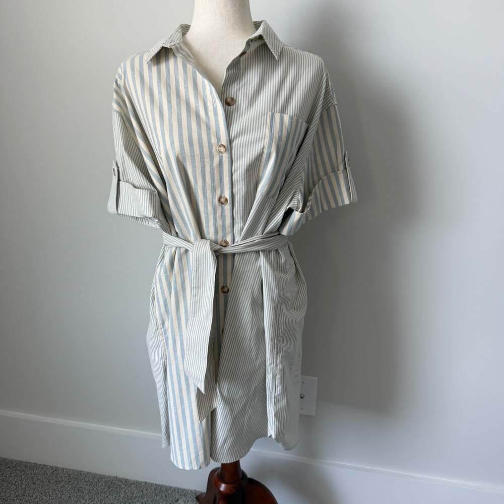 Sézane Striped Short Sleeve Shirt Dress with Waist Tie